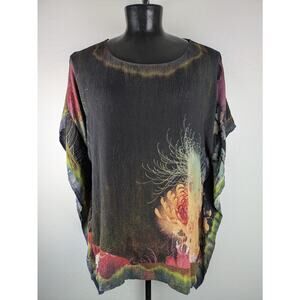 Citron Santa Monica 100% silk kimono style blouse black colorful floral print